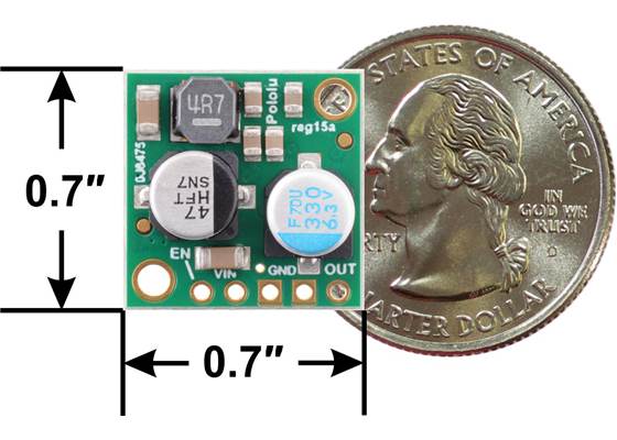 Pololu 2.5&nbsp;A Step-Down Voltage Regulator D24V25F5 (5&nbsp;V) or D24V25F3 (3.3&nbsp;V), top view with dimensions.