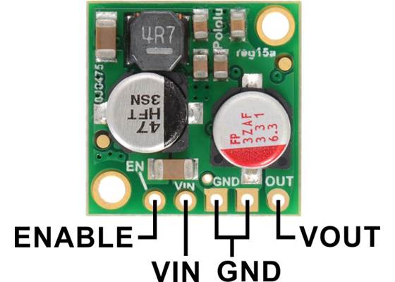 Pololu 2.5A Step-Down Voltage Regulator D24V25Fx, top view with labeled pinout.