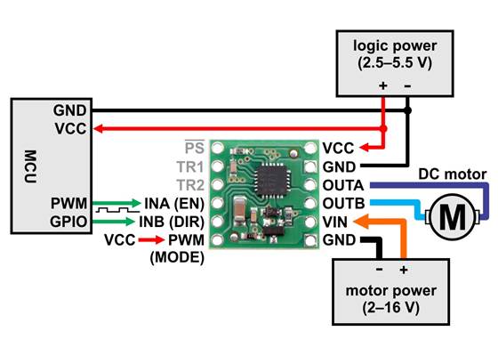 Minimal wiring diagram for connecting a microcontroller to a BD65496MUV Single Brushed DC Motor Driver Carrier (EN/IN mode).