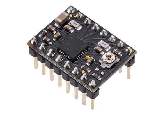 Pololu A4988 stepper motor driver carrier, Black Edition, with included header pins soldered.