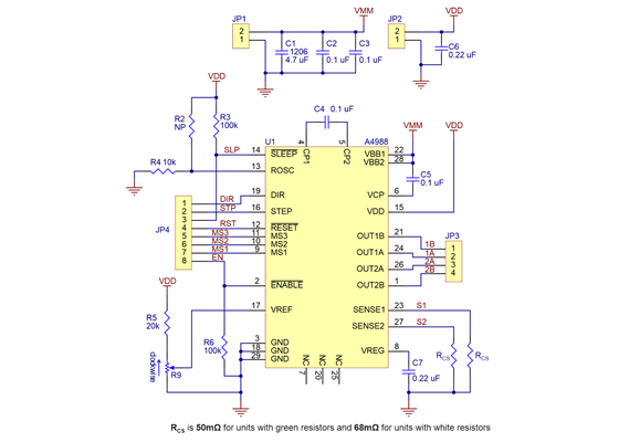 Schematic diagram of the A4988 stepper motor driver carrier (both green and black editions).