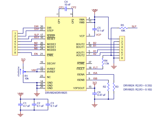 Schematic diagram for the DRV8824/DRV8825 stepper motor driver carrier.
