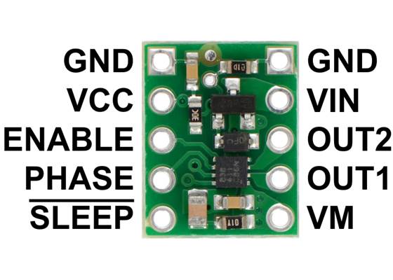 DRV8838 Single Brushed DC Motor Driver Carrier, labeled top view.