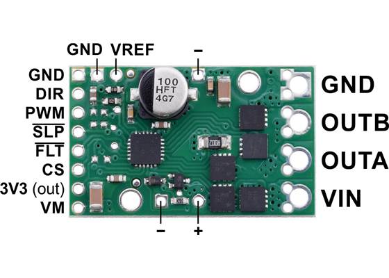 Pololu G2 High-Power Motor Driver 18v17 or 24v13, top view with labeled pinout.