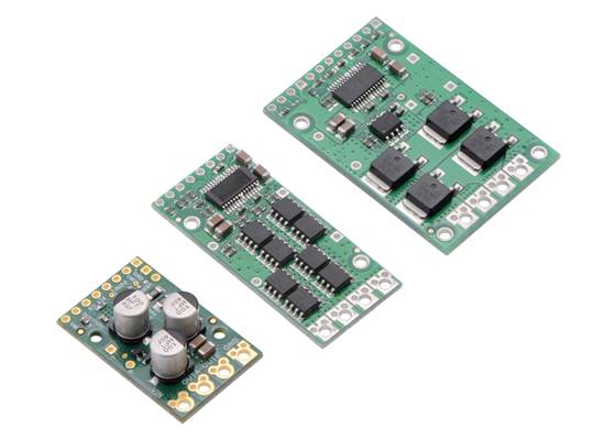Pololu G2 High-Power Motor Driver 24v21 next to original high-power motor driver 24v20 and 24v23 CS.