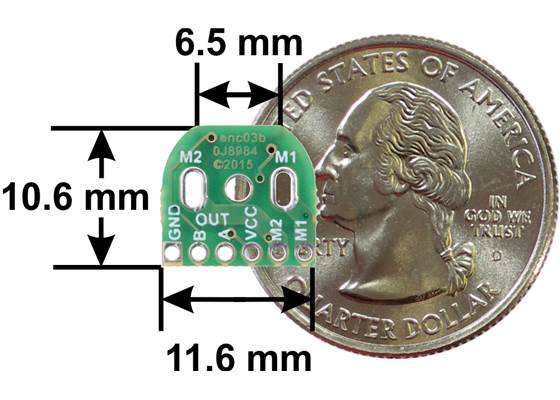 Magnetic Encoder Kit for Micro Metal Gearmotors, 12 CPR, 2.7-18V (HPCB compatible), motor-side view of PCB with dimensions