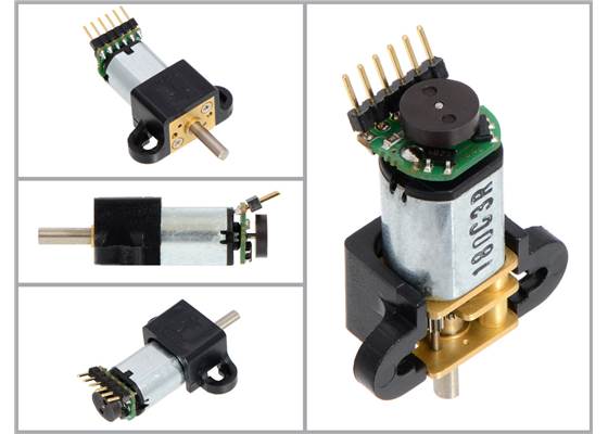 Magnetic Encoder Kit for Micro Metal Gearmotors assembled with 2mm-pitch male header pins installed over the magnetic disc.