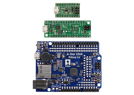 From top to bottom: A-Star 32U4 Micro, Mini&nbsp;SV, and Prime&nbsp;LV (original ac03b version).