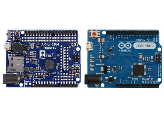 Side-by-side comparison of the A-Star 32U4 Prime LV microSD to the Arduino Leonardo (original ac03b version).