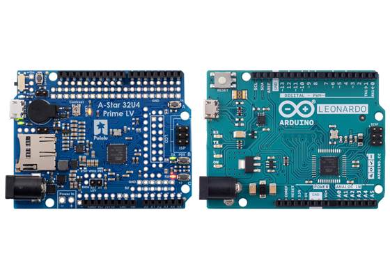 Side-by-side comparison of the A-Star 32U4 Prime LV microSD to the Arduino Leonardo.