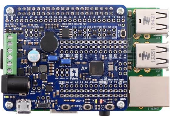 A-Star 32U4 Robot Controller LV with Raspberry Pi Bridge on a Raspberry Pi Model B+. (1)