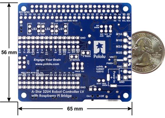 A-Star 32U4 Robot Controller LV with Raspberry Pi Bridge, bottom view with dimensions.