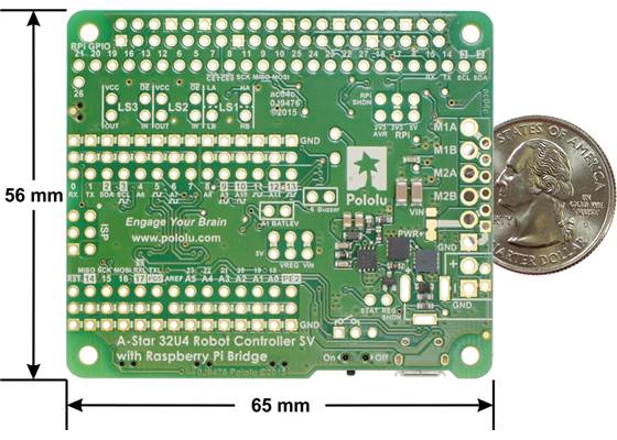 A-Star 32U4 Robot Controller SV with Raspberry Pi Bridge, bottom view with dimensions.