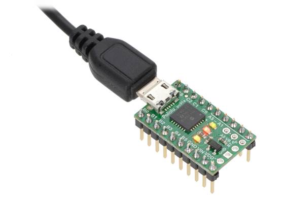 The P-Star 25K50 Micro with soldered headers and connected USB cable.