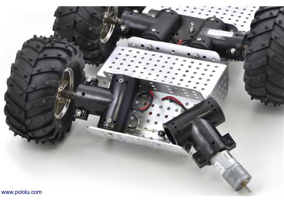 Partially disassembled Dagu Wild Thumper 6WD chassis with one of the gearmotors visible.