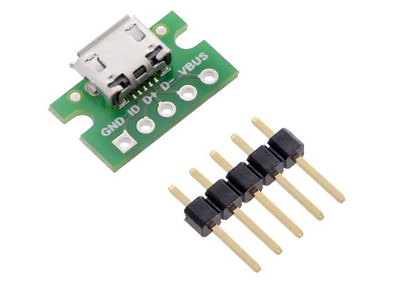 USB Micro-B connector breakout board with included optional header pins.