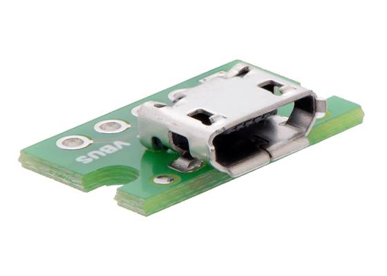 Close-up of Micro-B connector on the USB Micro-B connector breakout board.
