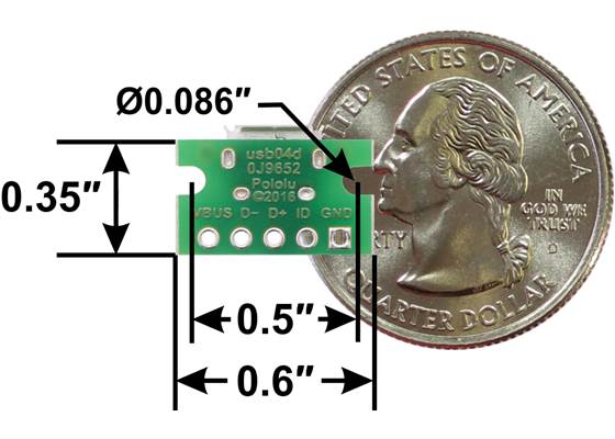 USB Micro-B connector breakout board, bottom view with dimensions.