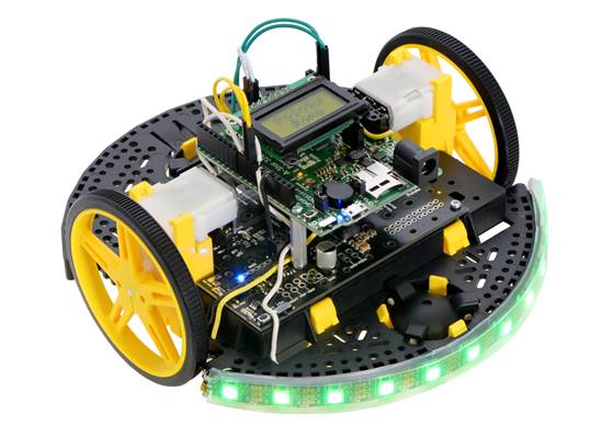 Custom robot made from a Romi chassis, a Motor Driver and Power Distribution Board for Romi Chassis, and an A-Star 32U4 Prime SV.
