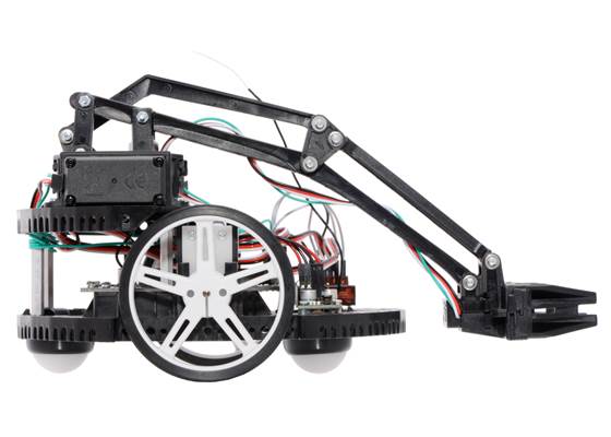Side view of the Romi with Robot Arm and various electronics to enable RC control.