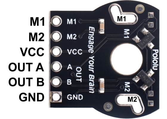 Romi Encoder Pair Kit, magnet-side view of PCB with labeled pinout.