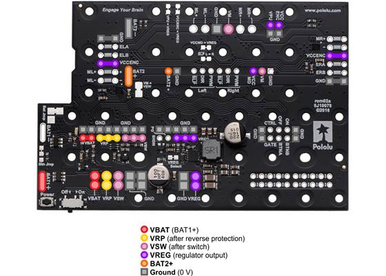 Power bus diagram of the Motor Driver and Power Distribution Board for Romi Chassis.