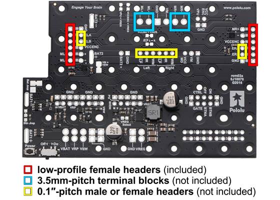 Locations to consider soldering headers and terminal blocks on the Motor Driver and Power Distribution Board for Romi Chassis.