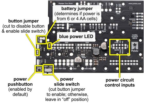 Power switch circuit user elements on the Motor Driver and Power Distribution Board for Romi Chassis.