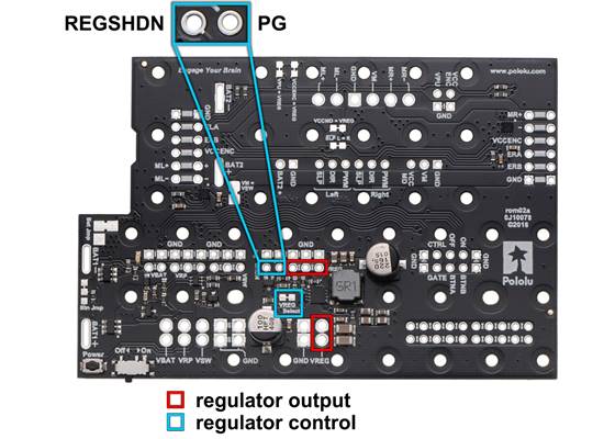 Voltage regulator pins and SMT jumper on the Motor Driver and Power Distribution Board for Romi Chassis.