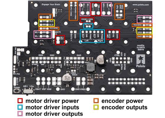 Motor driver and encoder pins and SMT jumpers on the Motor Driver and Power Distribution Board for Romi Chassis.