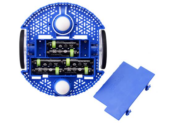 Romi Chassis bottom view with AA batteries installed (shown with optional front ball caster).