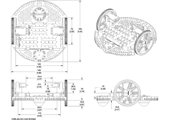 Basic dimension diagram of the Romi Chassis.