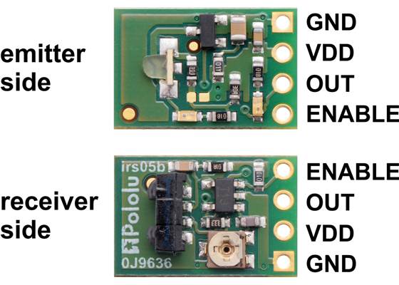 Pololu 38&nbsp;kHz IR proximity sensor receiver and emitter sides with labeled pinout.