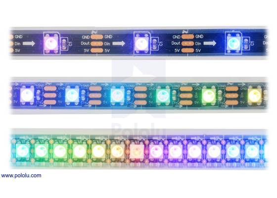 LED side of the SK6812-based addressable LED strips, showing 30 LEDs/m (top), 60 LEDs/m (middle), and 144 LEDs/m (bottom).