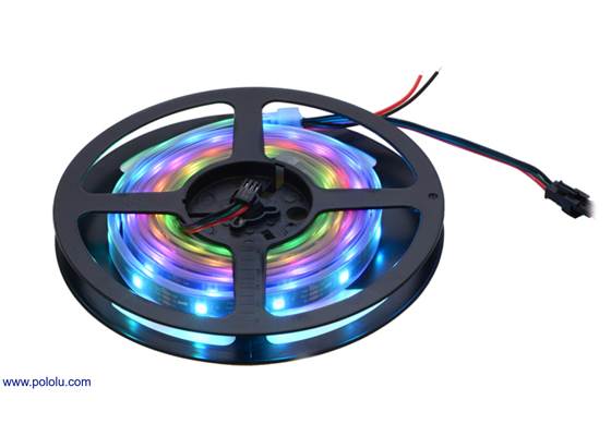 A 2-meter, 60 LED addressable RGB LED strip on the included reel.