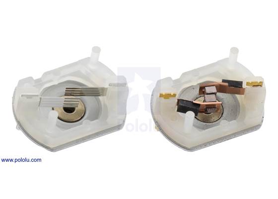 20D&nbsp;mm metal gearmotor precious metal brushes (left) next to 20D 6V CB and 12V CB long-life carbon brushes.