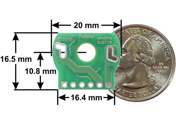 Magnetic Encoder Kit for 20D&nbsp;mm Metal Gearmotors, motor-side view of PCB with dimensions.