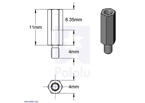 Dimensions of Aluminum Standoff for Raspberry Pi: 11mm Length, 4mm M2.5 Thread, M-F.