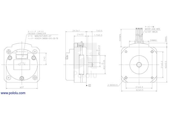 Dimensions (in mm) of the SS2421-50XE100 42x24.5mm Sanyo pancake stepper motor with encoder.