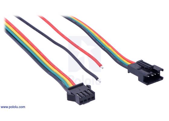 The connectors and power wires for our SK9822 and APA102C LED panels.   From left to right: output connector, auxiliary power wires, input connector.
