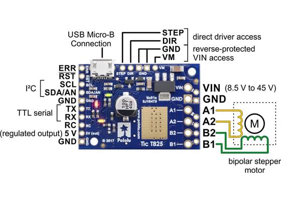 Basic pinout diagram of the Tic T825 USB Multi-Interface Stepper Motor Controller.
