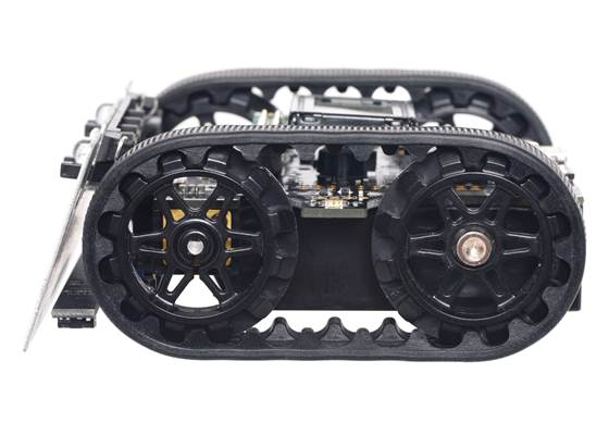 Side view of Zumo 32U4 robot with black sprockets.