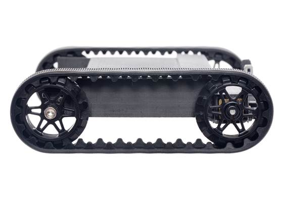 Side view of Pololu 30T track set with black sprockets mounted on a 3D-printed chassis.