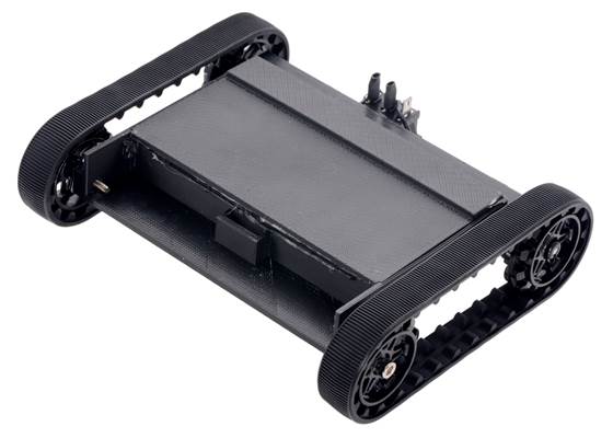 Pololu 30T track set with black sprockets mounted on a 3D-printed chassis.