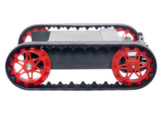 Side view of Pololu 30T track set with red sprockets mounted on a 3D-printed chassis.