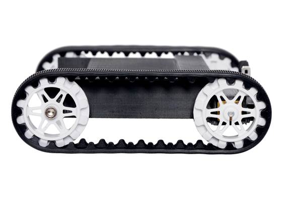 Side view of Pololu 30T track set with white sprockets mounted on a 3D-printed chassis.