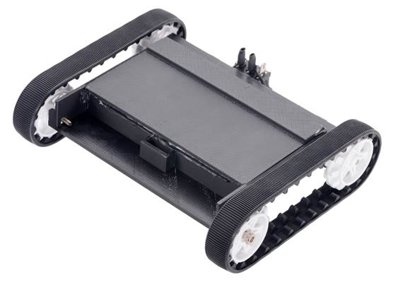 Pololu 30T track set with white sprockets mounted on a 3D-printed chassis.