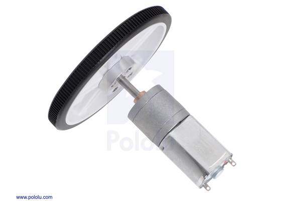 70x8mm Pololu wheel with 4mm hub adapter installed on a 20D&nbsp;mm metal gearmotor.