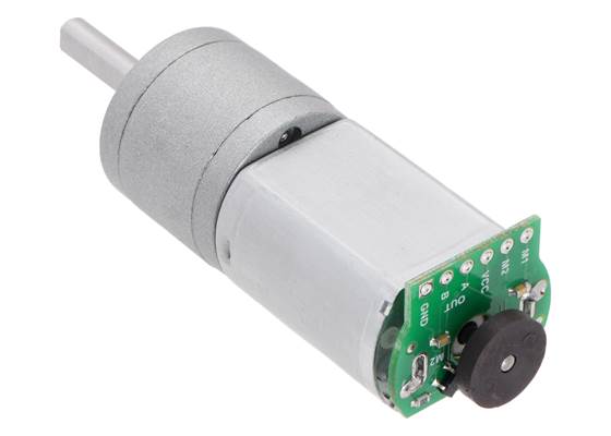 Magnetic Encoder Kit for 20D&nbsp;mm Metal Gearmotors assembled on a 20D&nbsp;mm metal gearmotor with extended motor shaft.