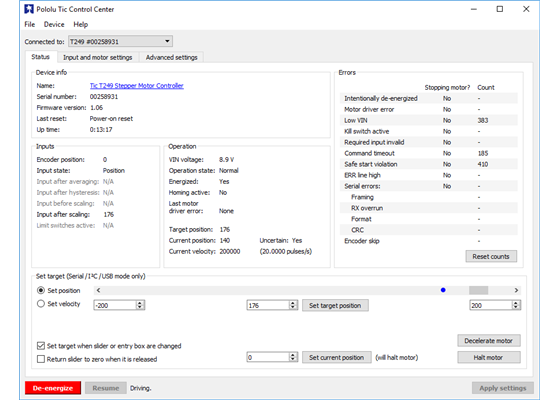 The Status tab of the Pololu Tic Control Center.